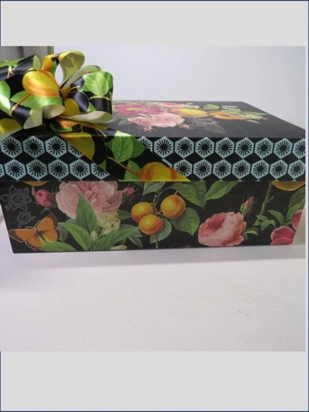 VTG Victorian Black Botanical Floral & Fruit Gift Box Storage 11x8 With Bow
